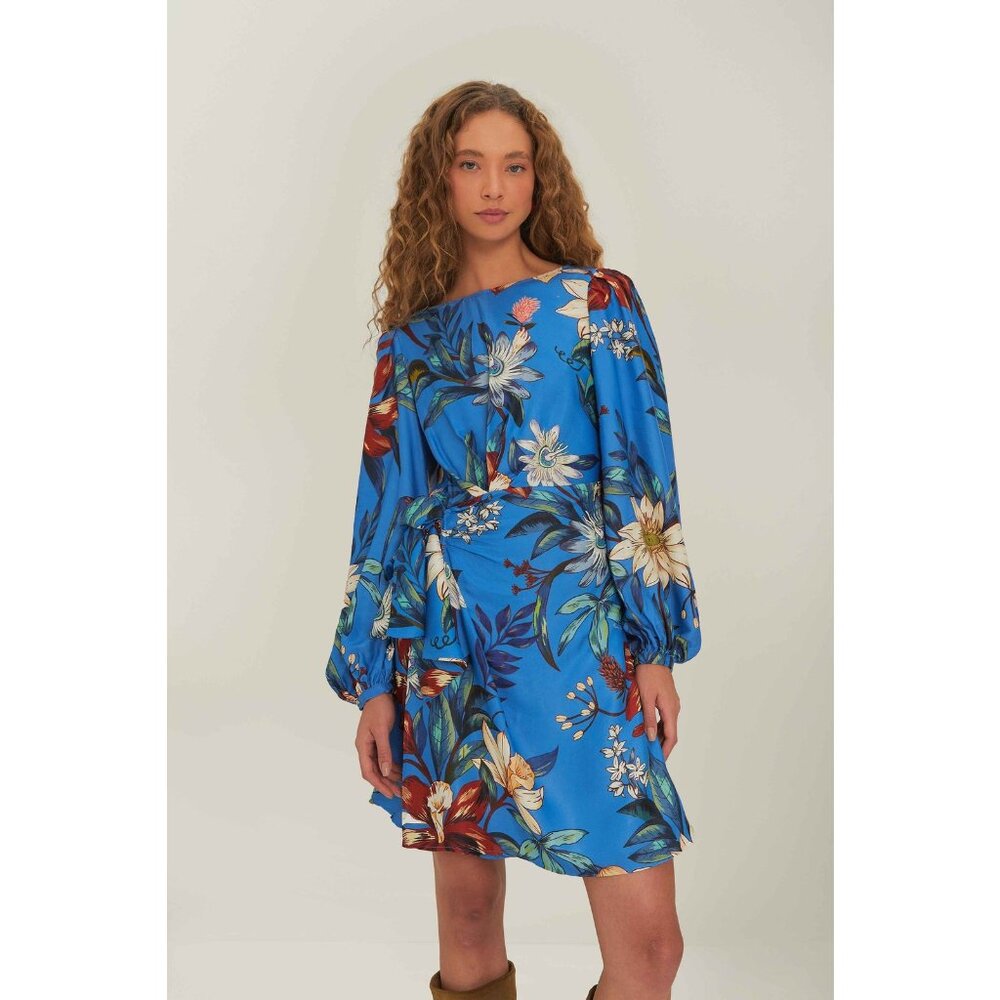 Farm Rio Surreal flowers Blue wrap lenzing ecovero mini dress Size Medium NWT